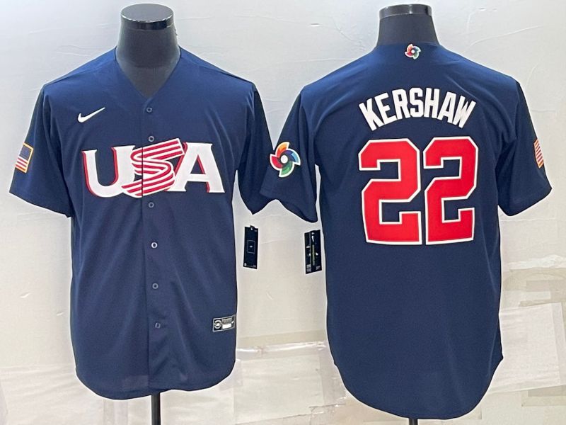 Men 2023 World Cub USA 22 Kershaw Blue Nike MLB Jersey7